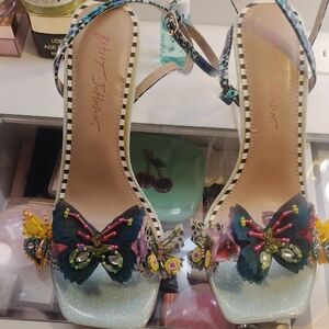 Betsey Johnson Light Blue Glitter Heels with Multicolor Butterfly Embellishments